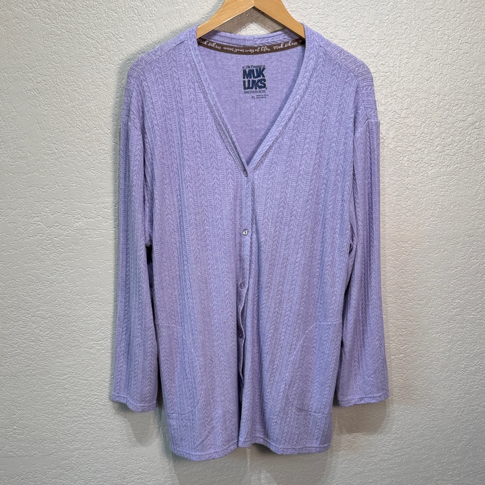 Muk Luks Women XL Light Purple Cable Knit Cardigan & Pant 2‎ Piece Sleep Set
